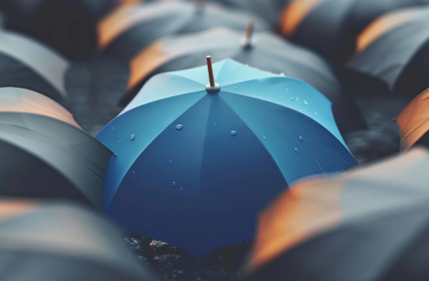 A blue umbrella standing out among dark umbrellas in the rain